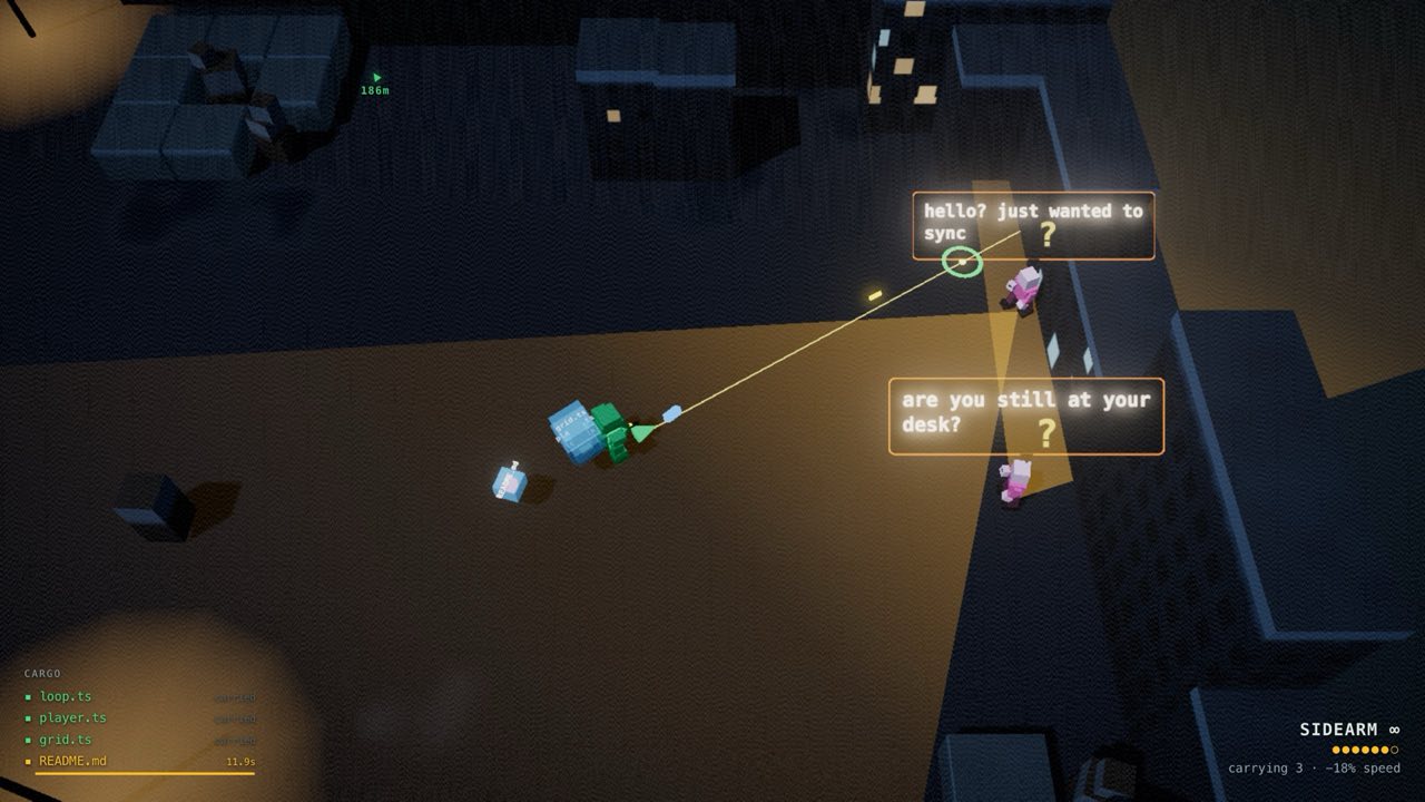 Two pink Recruiter enemies holding range and firing, with dialogue bubbles asking if the player is still at their desk.