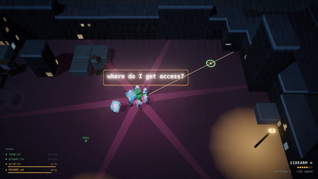 A pack of orange Intern enemies converging on the player, asking where they get access.