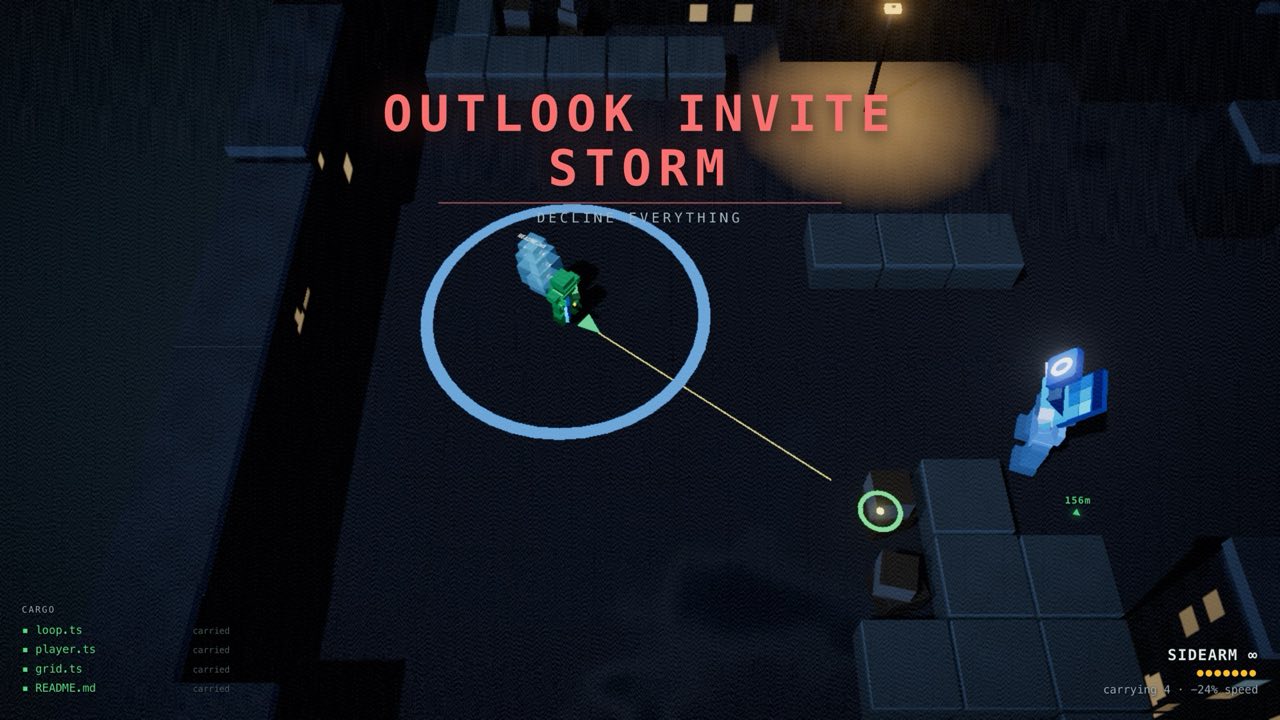 Outlook Invite Storm event title card, with a blue invite circling overhead reading 'decline everything.'