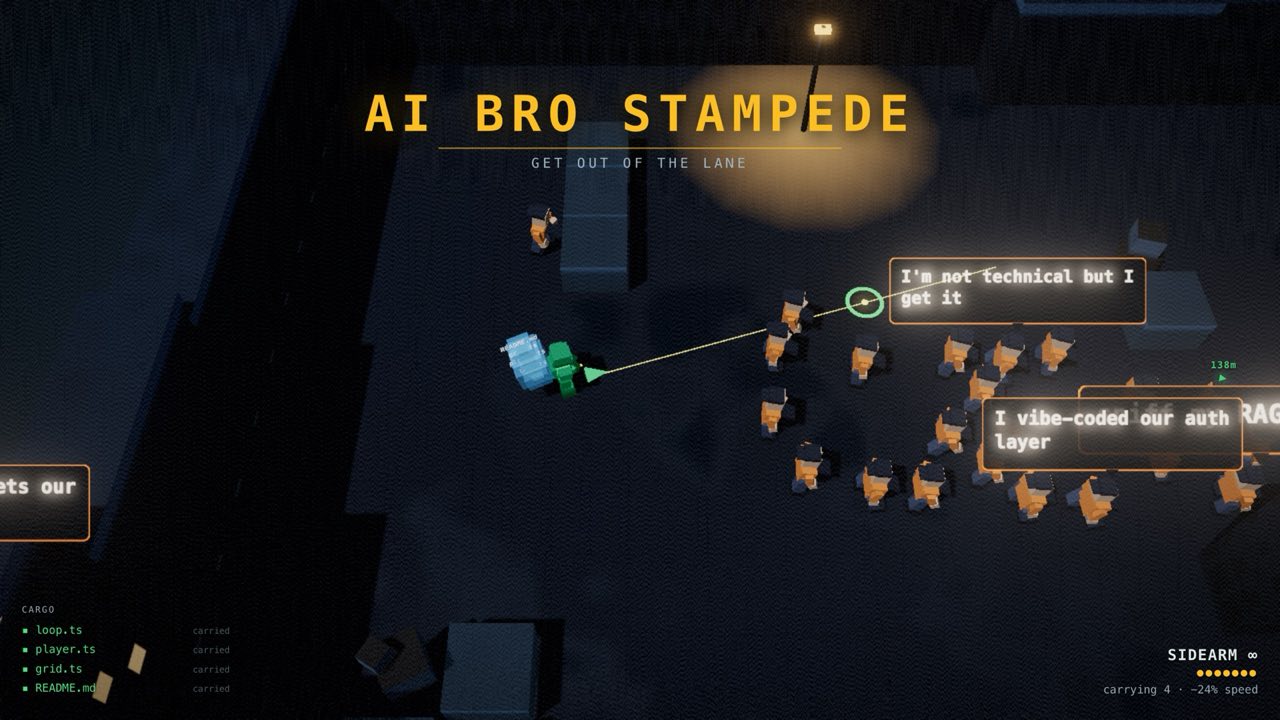 A stampede of AI bro enemies charging down a lane, one saying 'I vibe-coded our auth layer.'